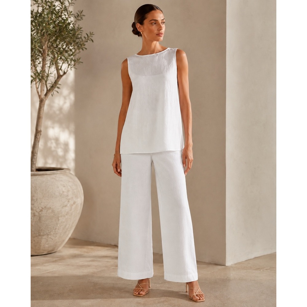 Cut Loose Womens White 100% Linen 2 Piece Set Tunic Tank Top and Wide Leg Pants